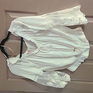 White  blouse waist band lace sleeves